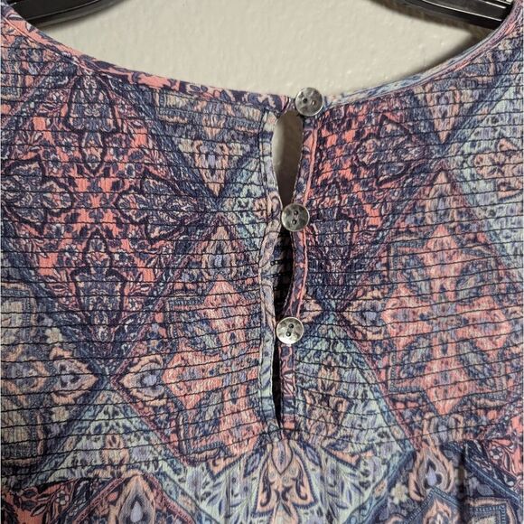J. Jill Blue & Pink Rayon Smocked Geometric Medallion Peasant Top Blouse XL - Picture 5 of 6
